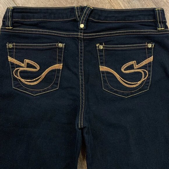 Y2K Southpole EMBROIDERED COPPER & GOLD Bermuda Jean SHORTS 9 Low Rise Dark Wash - Picture 2 of 4